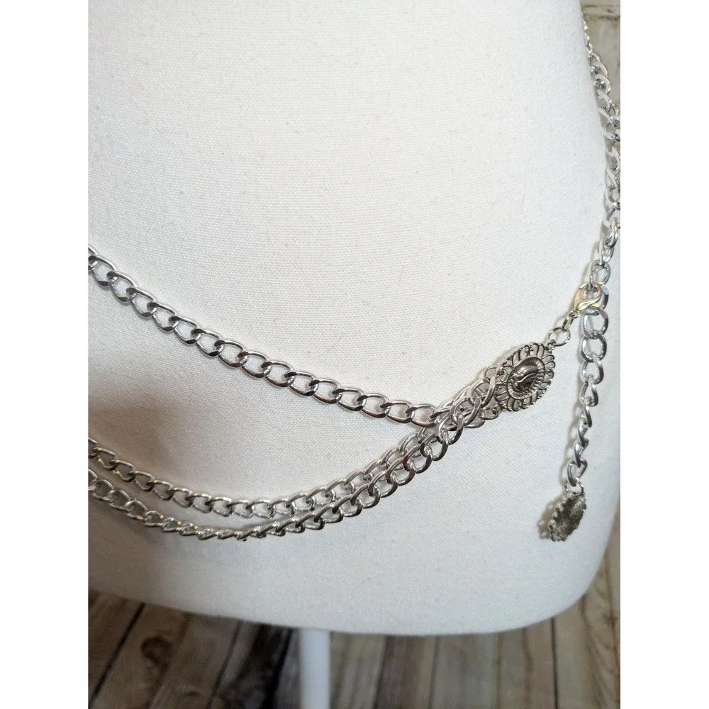 Silver Tone Chain Belt With Coin Accents Fully Adjustable Lightweight Aluminum